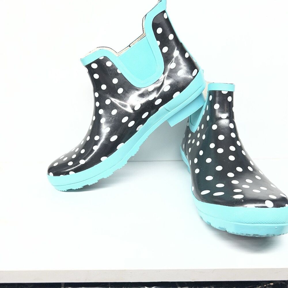 New- Super Cute Gardenline Black Polkadot Rubber Rain/Garden Outdoor Boot 10